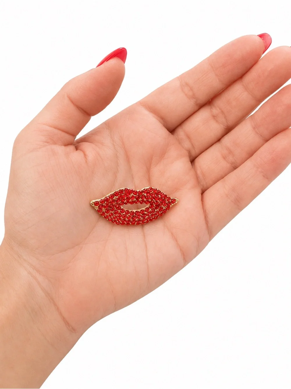 New Red Rhinestone Lips Brooch Pin – Sparkling Crystal Kiss Brooch – Gold Tone